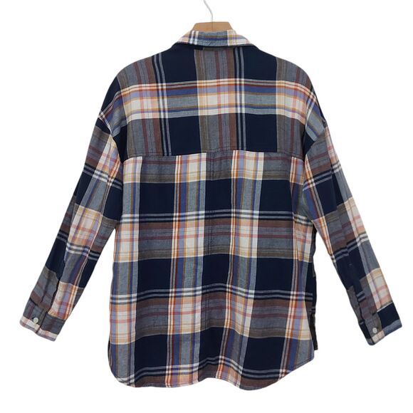 Old Navy The Boyfriend Shirt Womens Medium Blue Brown Plaid Button Long Sleeve - Picture 5 of 11